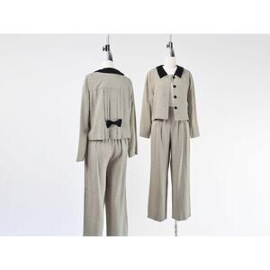 Vintage 90s Beige and Velvet Pant Set Wide Leg Button Down Jacket with Bow S M